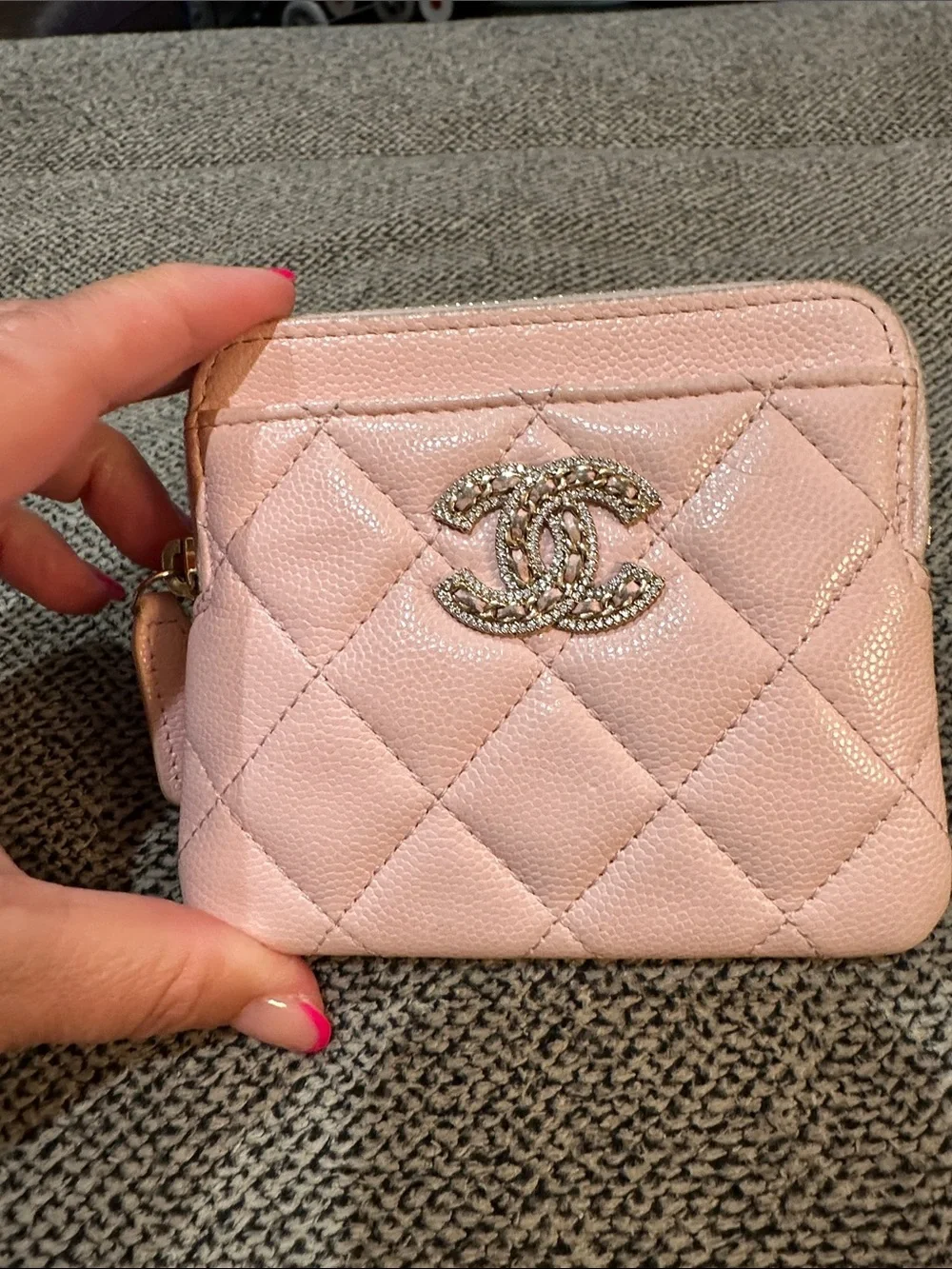 CHANEL Quilted Light Pink Mini Wallet with Crystal CC